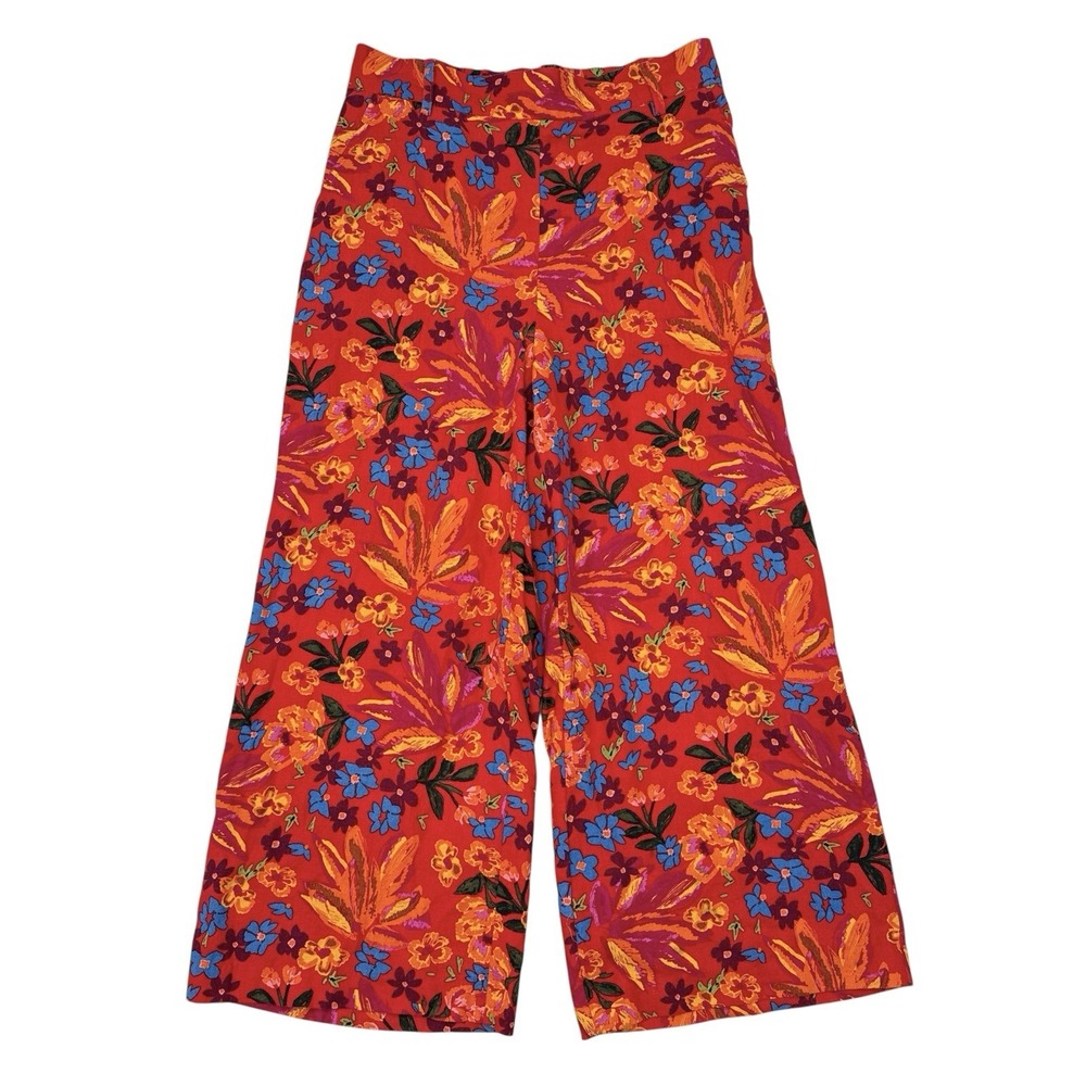Maison d'Amelie Pants Women's Size XS Red Floral Wide Leg Cropped Linen Blend